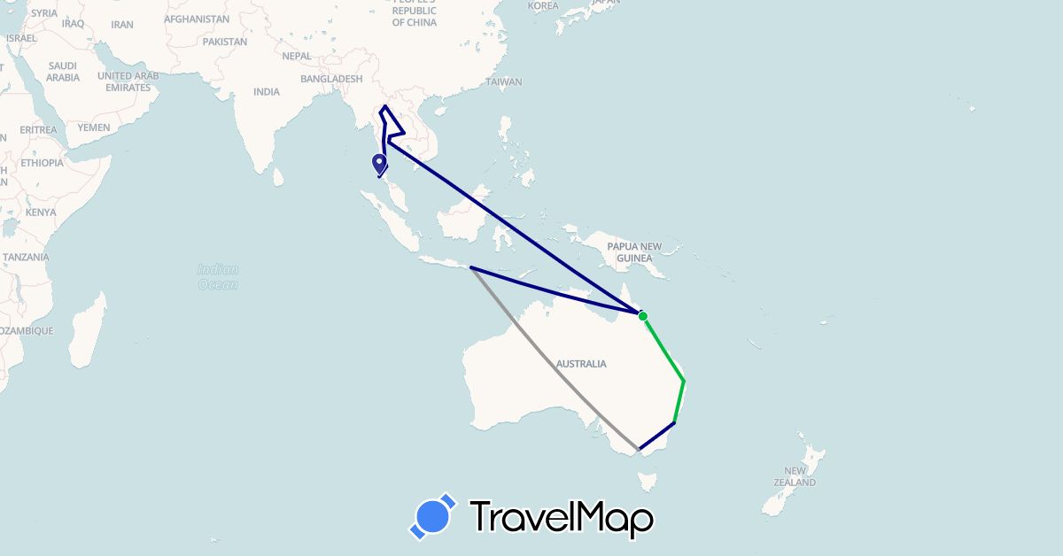 TravelMap itinerary: driving, bus, plane in Australia, Indonesia, Thailand (Asia, Oceania)